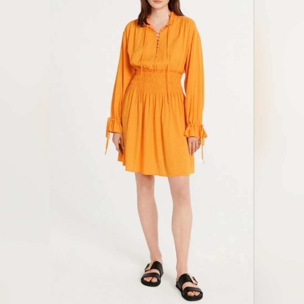 Claudie Pierlot Paris Mini Dress Shirred Waist Long Sleeve Ruffled Collar